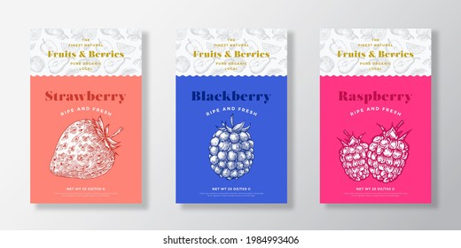 Fruits and Berries Pattern Label Templates Set. Vector Packaging Design Layout Collection. Modern Typography Banner with Hand Drawn Strawberry, Blackberry and Raspberry Sketches Background. Isolated.