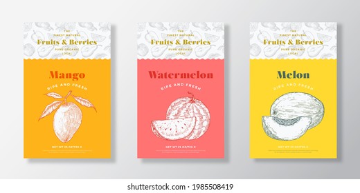 Fruits and Berries Pattern Label Templates Set. Vector Packaging Design Layout Collection. Modern Typography Banner with Hand Drawn Mang, Melon and Watermelon Sketches Background. Isolated.