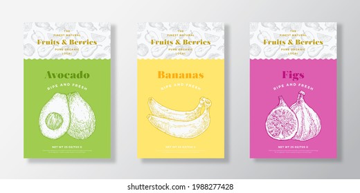 Fruits and Berries Pattern Label Templates Set. Vector Packaging Design Layout Collection. Modern Typography Banner with Hand Drawn Avocado, Banana and Figs Sketches Background. Isolated.