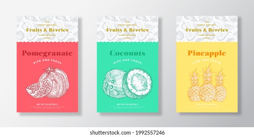 Fruits and Berries Pattern Label Templates Set. Vector Packaging Design Layout Collection. Modern Typography Banner with Hand Drawn Pomegranate, Coconut and Pineapple Sketches Background. Isolated.