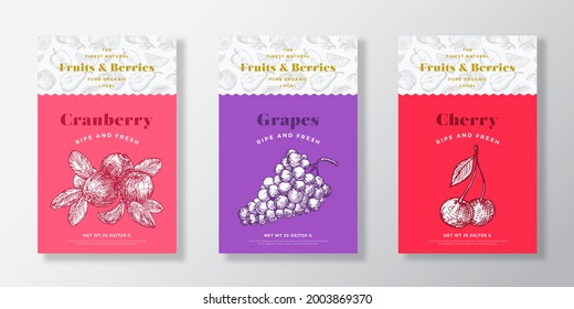 Fruits and Berries Pattern Label Templates Set. Vector Packaging Design Layout Collection. Modern Typography Banner with Hand Drawn Cranberry, Grapes and Cherry Sketches Background. Isolated.