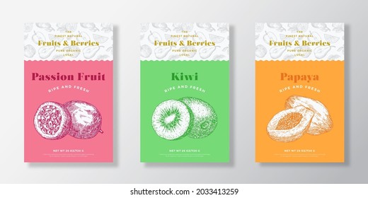 Fruits and Berries Pattern Label Templates Set. Vector Packaging Design Layout Collection. Modern Typography Banner with Hand Drawn Maracuja, Kiwi and Papaya Sketches Background. Isolated.