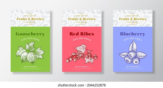 Fruits and Berries Pattern Label Templates Set. Vector Packaging Design Layout Collection. Modern Typography Banner with Hand Drawn Gooseberry, Blueberry and Red-Ribes Sketches Background. Isolated.