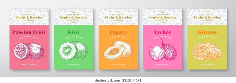 Fruits and Berries Pattern Label Templates Set. Vector Packaging Design Layout Collection. Modern Typography Banner with Hand Drawn Maracuja, Kiwi, Lychee and Papaya Sketches Background. Isolated