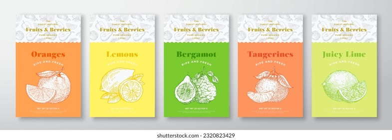 Fruits and Berries Pattern Label Templates Set. Vector Packaging Design Layout Collection. Modern Typography Banner with Hand Drawn Orange, Lime, Lemon and Bergamot Sketches Background. Isolated