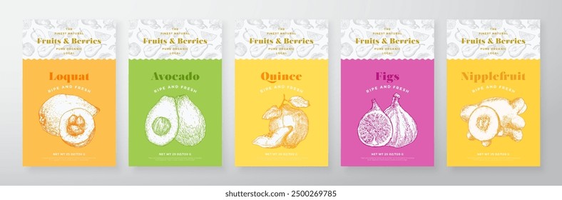 Fruits and Berries Pattern Label Templates Set. Vector Packaging Design Layout Collection. Modern Typography Banner with Hand Drawn Avocado, Quince, Figs and Loquat Sketches Background. Isolated