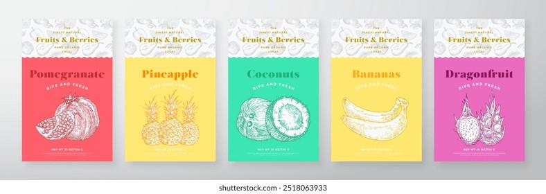 Fruits and Berries Pattern Label Templates Set. Vector Packaging Design Layout Collection Modern Typography Banner with Hand Drawn Pomegranate, Bananas, Coconut, Pineapple Sketches Background Isolated