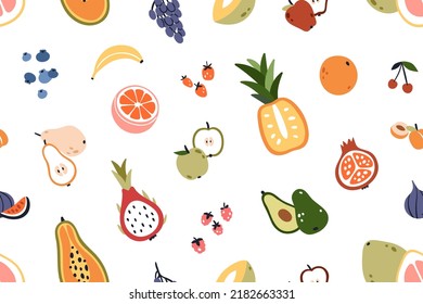 Fruits, Berries Pattern. Seamless Tropical Background With Summer Vitamin Food Repeating Print. Exotic Fruity Texture Design With Orange, Strawberry, Avocado. Colored Flat Graphic Vector Illustration