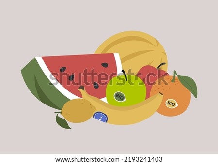 Fruits and berries piled together, watermelon, melon, apples, orange, lemon, healthy lifestyle, vegan and vegetarian diet