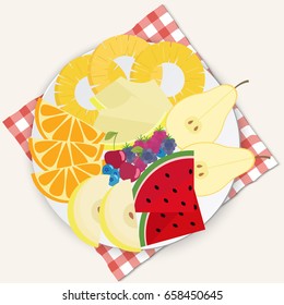 Fruits and berries plate. Vector illustration.