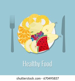 Fruits and berries plate. Vector illustration.