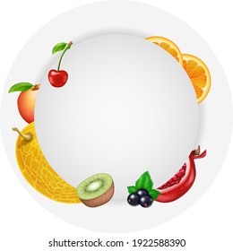 Fruits and berries round flyer banner card template for design. Vector illustration
