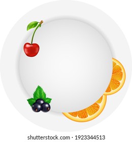 Fruits and berries round flyer banner card template for design. Vector illustration
