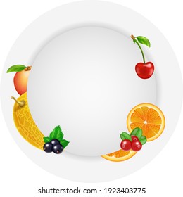 Fruits and berries round flyer banner card template for design. Vector illustration
