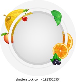 Fruits and berries round flyer banner card template for design. Vector illustration
