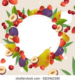 Fruits and berries round frame template. Plums, strawberries, pears, and cherries vector cartoon illustration. Healthy vegan fruits and berries round border for label or logotype design.