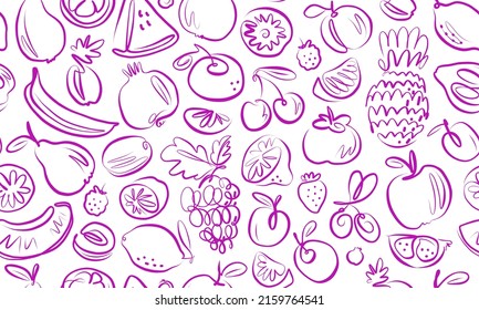 Fruits and berries seamless background. Healthy farm organic food pattern texture. Doodle vector illustration