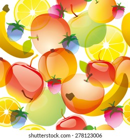 Fruits and berries seamless pattern background background. Apple, orange, lemon, raspberries and banana.