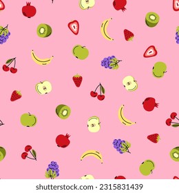 Fruits And Berries Seamless Pattern With Banana, Kiwi, Pomegranate, Cherry, Apple And Strawberry On The Pink Background