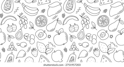 Fruits and berries seamless pattern in doodle sketch style. Rustic hand drawn collection of organic food on white background. Ink loose drawing fruity print, vector graphic