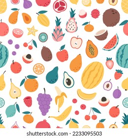 Fruits and berries seamless pattern. Exotic and tropical fruits seamless pattern. Flat, hand drawn texture for wallpaper, textile, fabric, paper. Hand drawn vector illustration