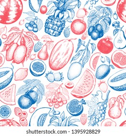 Fruits and berries seamless pattern. Hand drawn vector tropic fruits illustration. Engraved style fruit. Vintage exotic food banner.