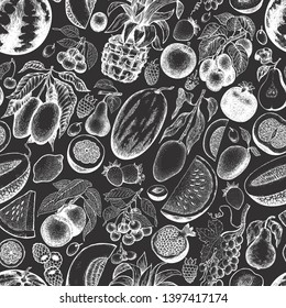 Fruits and berries seamless pattern. Hand drawn vector tropic fruits illustration on chalk board. Engraved style fruit. Retro exotic food banner.