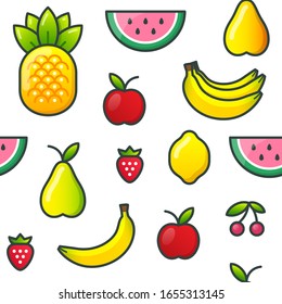 Fruits and berries seamless pattern in line style. Cute background with summer fruit set - pineapple, pear, lemon, apple, watermelon, banana, strawberry and cherry. Vector flat illustration.