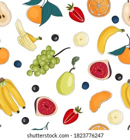 Fruits and berries seamless pattern on white background, stock vector illustration.