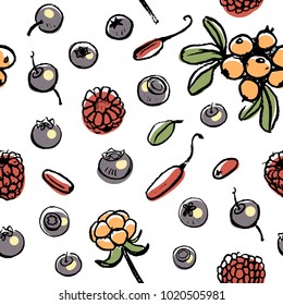 Fruits and berries seamless pattern in sketchy style on white background/ Doodle fruits and berries/ Hand drawn vector illustration