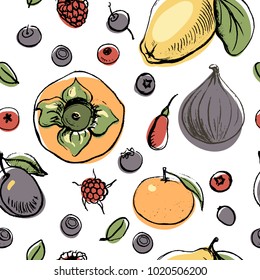 Fruits and berries seamless pattern in sketchy style on white background/ Doodle fruits and berries/ Hand drawn vector illustration