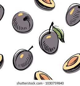 Fruits and berries seamless pattern in sketchy style on white background/ Doodle fruits and berries/ Hand drawn vector illustration