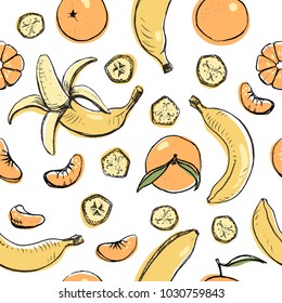 Fruits and berries seamless pattern in sketchy style on white background/ Doodle fruits and berries/ Hand drawn vector illustration