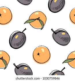 Fruits and berries seamless pattern in sketchy style on white background/ Doodle fruits and berries/ Hand drawn vector illustration