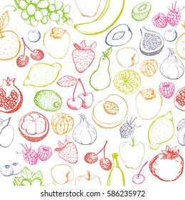 Fruits and berries seamless pattern. Vector fruits pattern. Raw vegan seamless background.