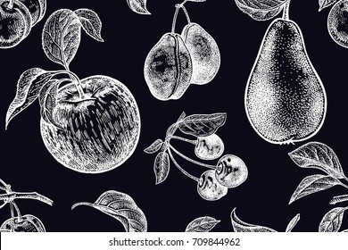 Fruits and berries. Seamless pattern. White chalk on black board. Vector illustration art. Vintage engraving. Realistic hand drawing. Template with nature motifs for kitchen design. Vegetarian food