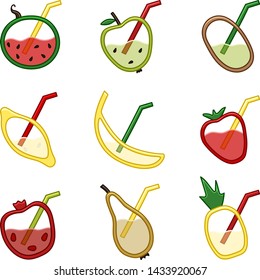 Fruits and berries in the sectional view with juice inside and inserted straw on a white background in the vector. Watermelon, apple, kiwi, lemon, banana, strawberry, pomegranate, pear, pineapple.