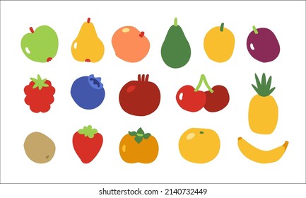 Fruits and berries set. Apple, pear, strawberry, orange, banana, cherry,  pineapple, raspberry, peach, plum and others