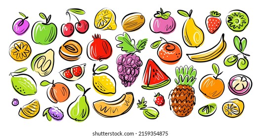 Fruits and Berries set drawn in doodle style. Organic farm food vector illustration