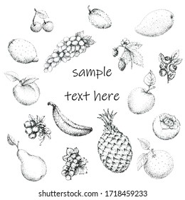 Fruits, berries. Set of hand-drawn food products. Vector illustration with place for text.