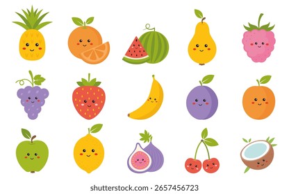 Fruits, berries set, vector collection of fruits in cute kawaii style icon set. Apple, pineapple, pear, berry, strawberry, lemon, raspberry, banana isolated on white.