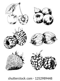 Fruits and Berries set vetor desenhado à mão ilustrações. Maçã, Cereja, Laranja, Mirtilo, Romã, Amora, Pera, Groselha espinhosa, Kiwi, Framboesa, Morango.