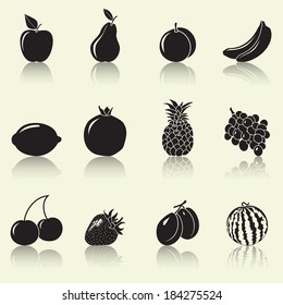 fruits and berries, silhouettes: apple, pear, banana with reflection