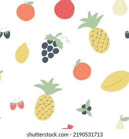 Fruits and berries simple seamless pattern. Exotic tropical background. Print summer fruit vector illustration. Template with organic food