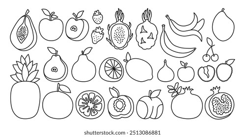 Fruits or berries simple symbol set. Sliced doodle lemon orange apple pear, watermelon peach papaya fig, pineapple dragon fruits kiwi mango banana pomegranate. Juicy strawberry plum cherry vector sign