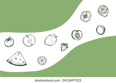 Fruits and berries sketch collection in green surrounded. Harvest Hand drawn vector illustration. Food illustration. Engraved style. Vegetarian set, healthy food. Dynamic banner for proper nutrition.