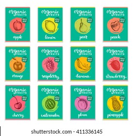Fruits and berries sketches vector illustrations. Plum, Lemon, Orange, Apple, Watermelon, Peach, Strawberry, Banana, Pear, Pineapple, Raspberry, Cherry. Hand drawn banners set. Organic bio eco food.