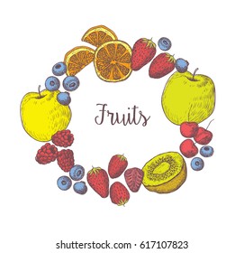 Fruits and berries . Sketches of vegan food for cooking cards, stickers, labels, tags , packaging, smoothie and juice. Healthy Lifestyle. Vector color hand drawn illustration .
