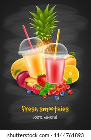 Fruits and berries smoothie in disposable plastic cups with a sphere dome and a straw tube. Chalkboard background. Realistic vector illustration.