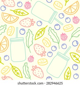 Fruits, berries and smoothie jars outline seamless pattern